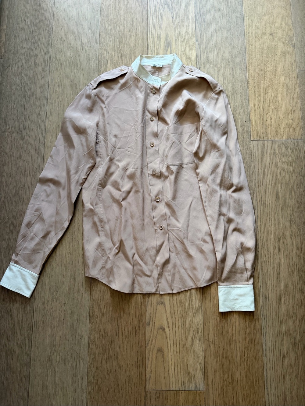 Celine Tan Button-Front Blouse with White Contrast Collar and Cuffs Silk 0
